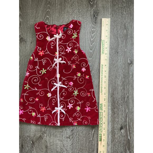 Vintage Children's Place Sleeveless Red Velour Floral Embroidered Dress - Picture 4 of 11